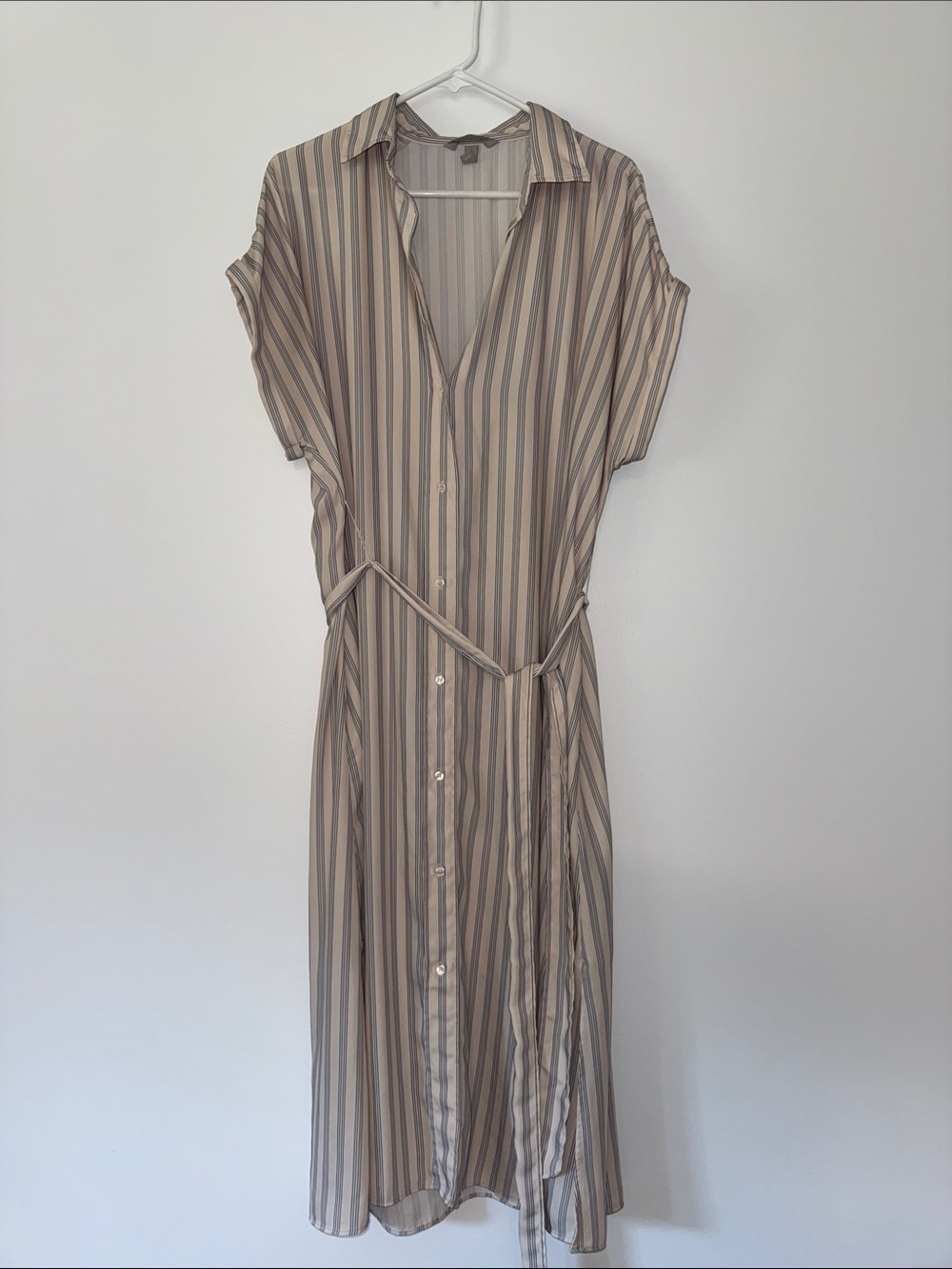 Striped Button-Front Dress in Beige and Taupe